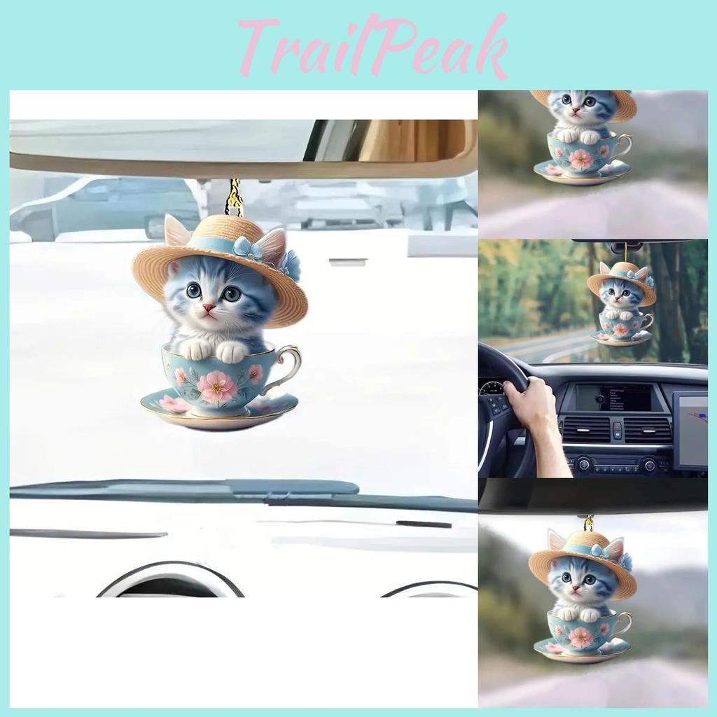 Adorable Acrylic Tea Cup Cat Keychain Decorative Pendant For Car Enthusiasts