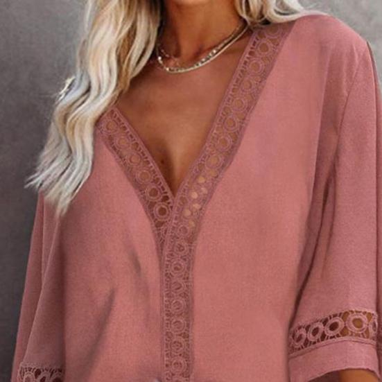 Blouse Solid Color Loose 4 Colors Women Hollow Out Lace Stitching Tops
