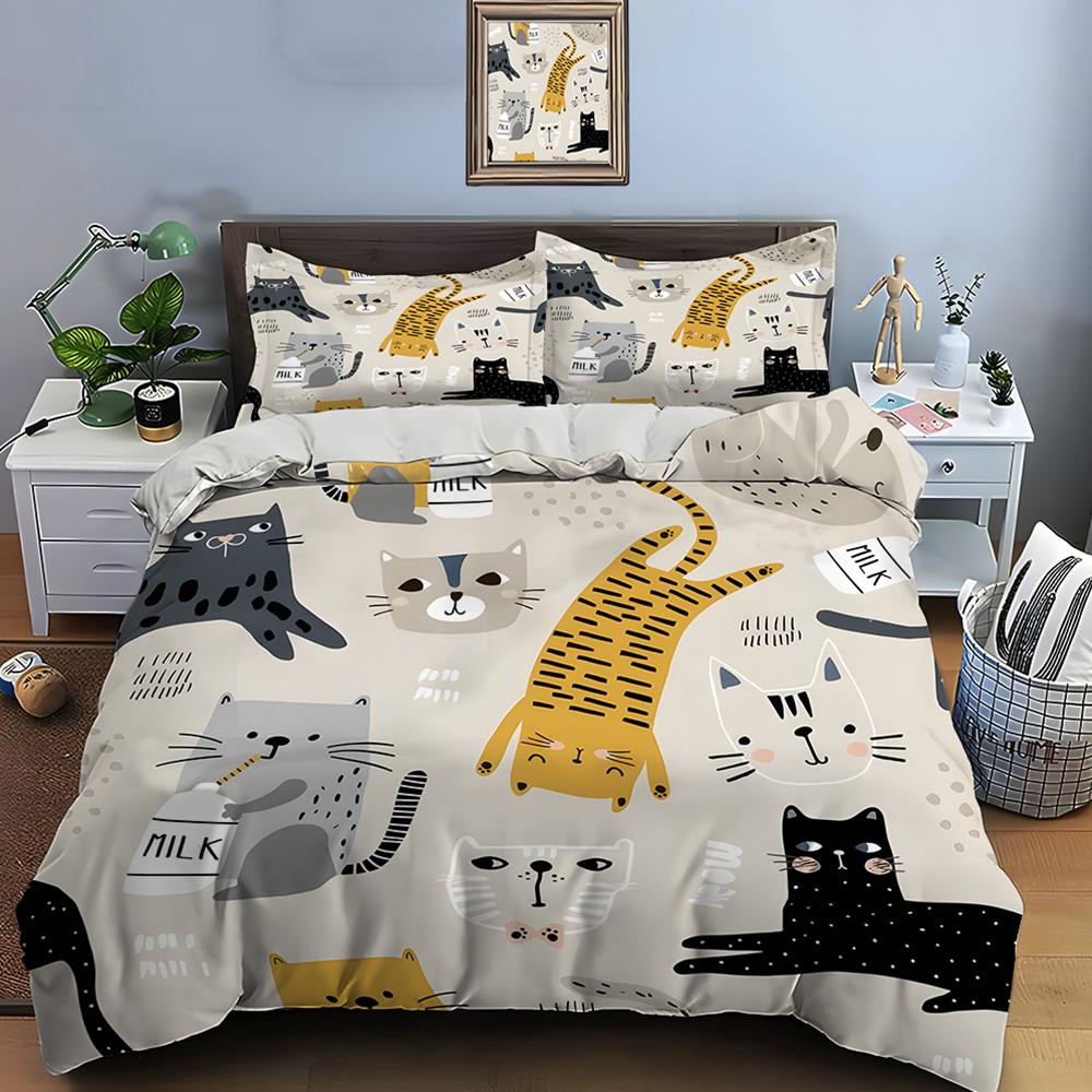 Cute Cartoon Cats And Milk Bottles Pattern Duvet Cover Set Digital Print Polyester Bedding With Zipper Closur For Kids Gifts EU Twin 135X200cm&set