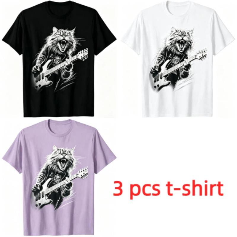 Fun Rock Guitarist Cat Pattern Print Men's T-shirt Summer Men's and Women's Casual Fashion Tops Men's Short Sleeve T-shirt Oversize Clothing