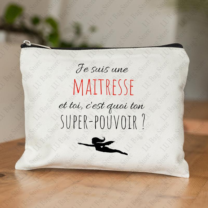 Teacher Theme Women Makeup Bag Maitresse Inspired Cosmetic Case with French Style Design Educational Motif Wallet Work or School