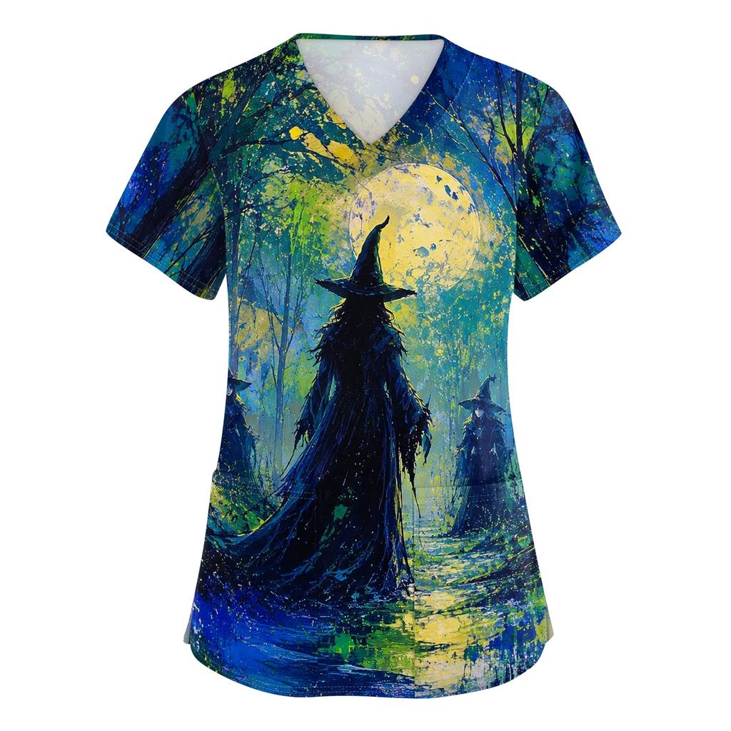 Women V Neck Short Sleeve Printed Scrub Top with Pockets and Side Slits for Work Uniforms Holiday Theme