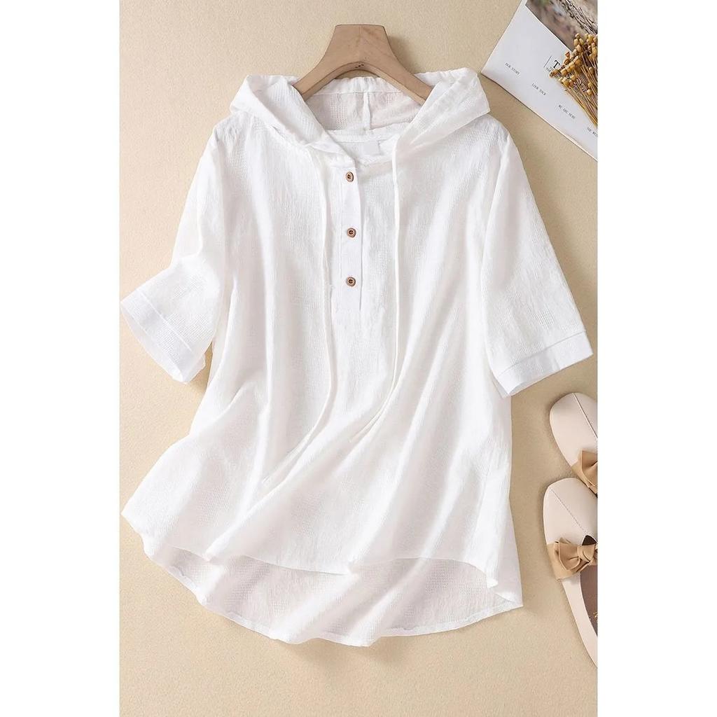 Women's Loose Plus Size Summer Hooded Embroidery Short-sleeved Blouse Literary Ethnic Wind Casual Loose T-shirt