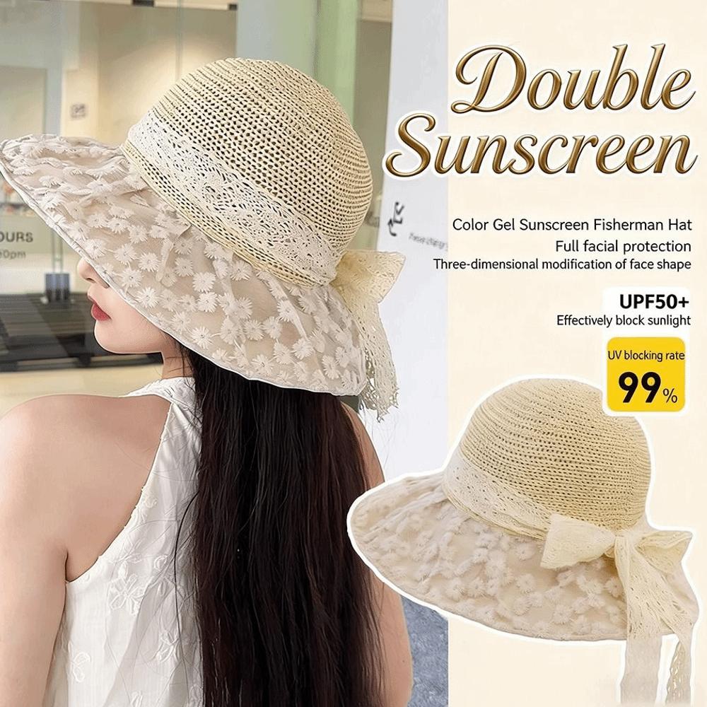 Lace Ribbon Bow Straw Bucket Hat UV Protection Beach Hat Straw Sun Hat  Outdoor Beach Travel