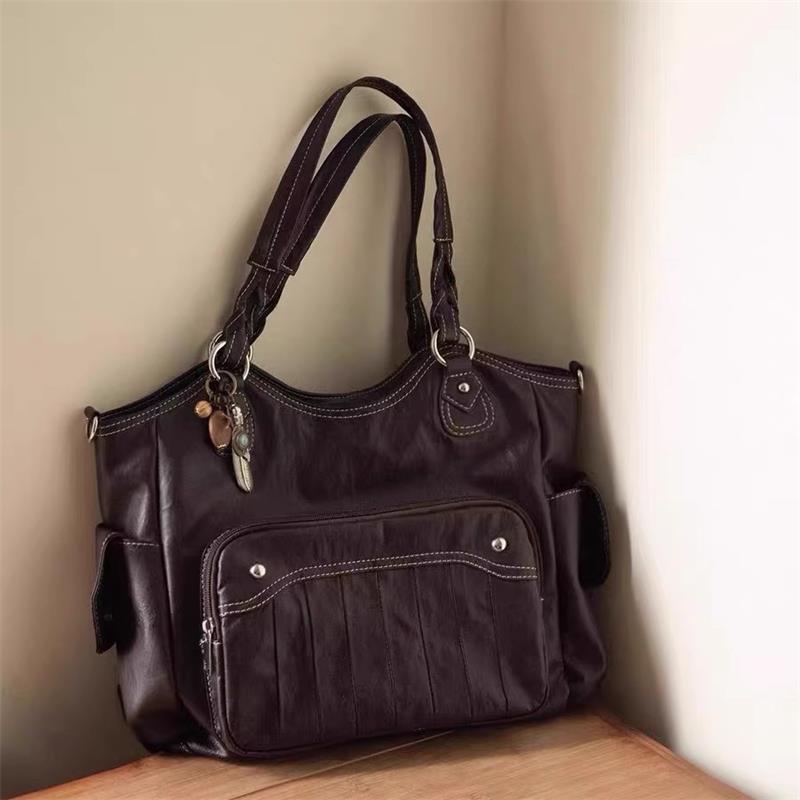 

Dark Brown Leather Women s Tote Bag Multiple Pockets Design Metal Hardware Shoulder Bag Retro Fashi Texture Underarm Handbag 30X11X26CM коричневый