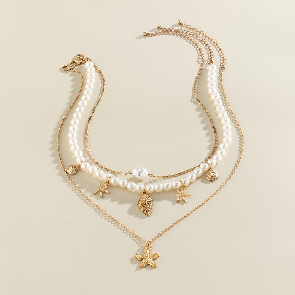 PuRui Gold Color Starfish Shape Pendant Necklace Imitation Zircon Beads Choker for Women Vintage Zircon Collar Party Girls