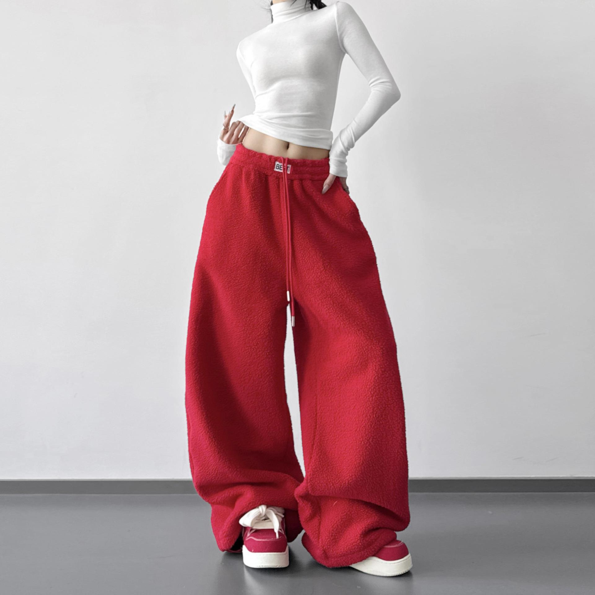 

Women s Yellow Fleece Wide-Leg Pants - Autumn/Winter 2025, Stylish Loose Fit, Plus Velvet Cotton, Warm and Casual. S