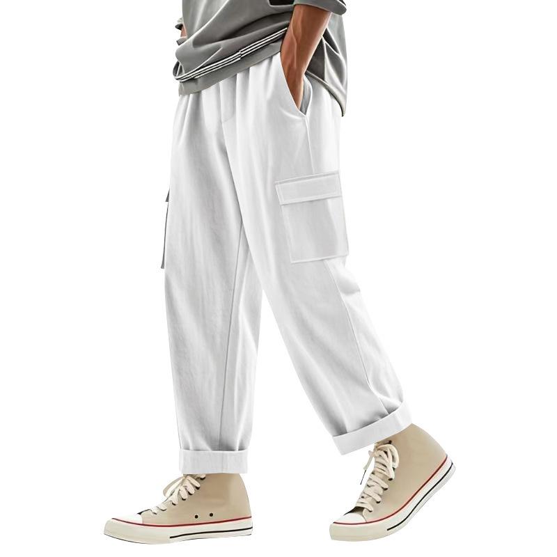 Men's linen trousers four seasons thin section breathable workwear multi-pocket loose casual trend wide-legged trousers