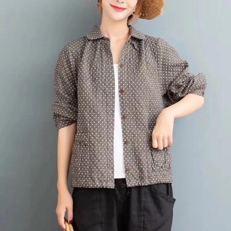 

Хлопково-льняная куртка женская свободная весенне-осенняя ретро тонкая большого размера с длинным рукавом рубашка топ S