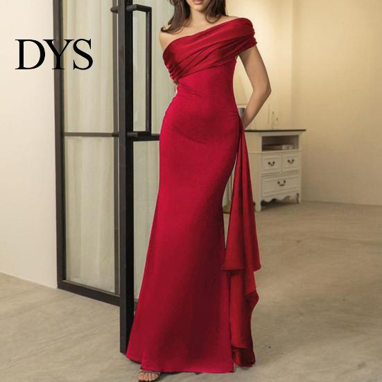 Solid Color Women Dress Lady Evening Slant Neck Off Shoulder Sleeveless Pleated Lace-up Sash Decor Long Irregular Design Slim Fit Prom Party