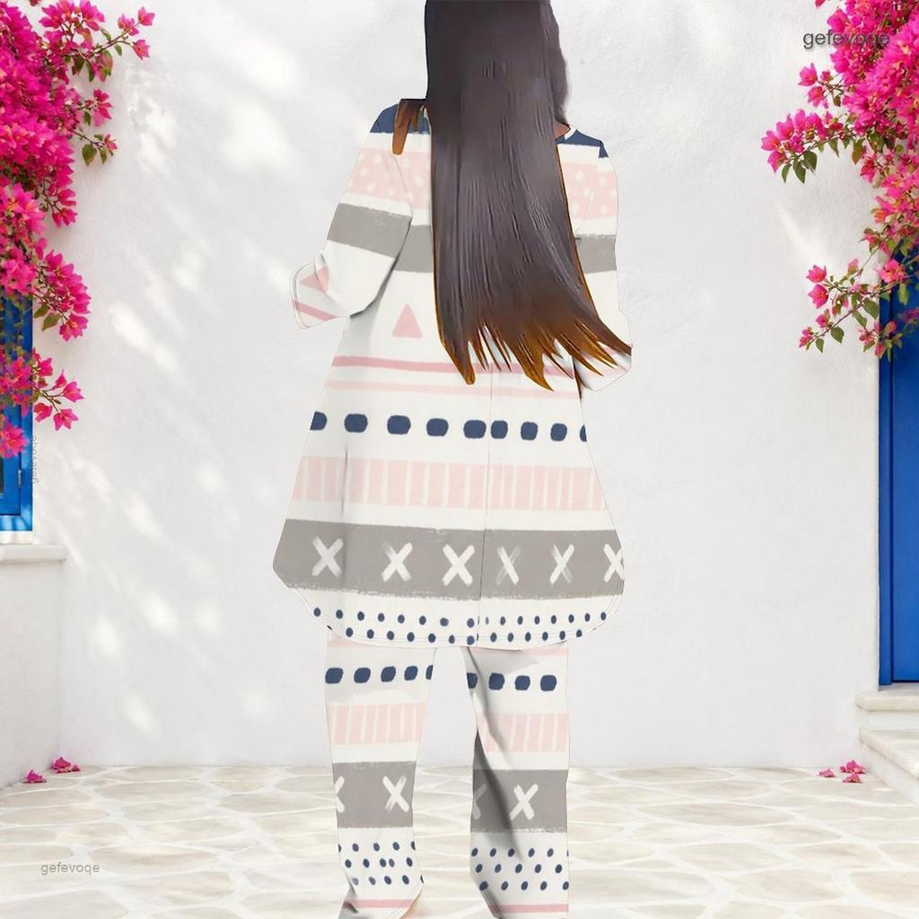 Women Plus Size Round Neck Long Sleeve Striped Printed Layered Top Long Pants Two Piece Set