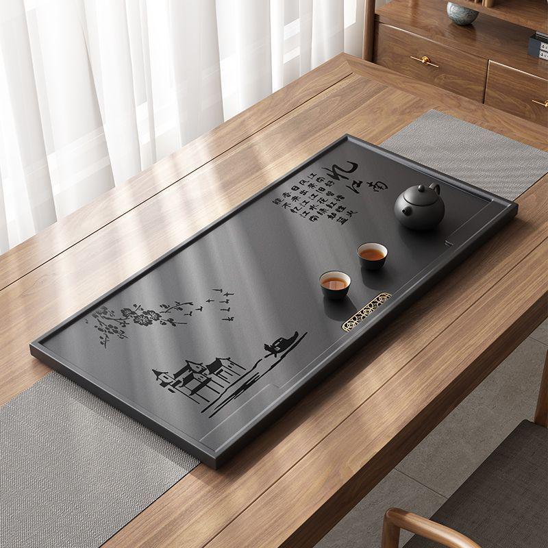 Black Gold Stone Tea Tray: Sleek Desktop Style with Built-in Drainage