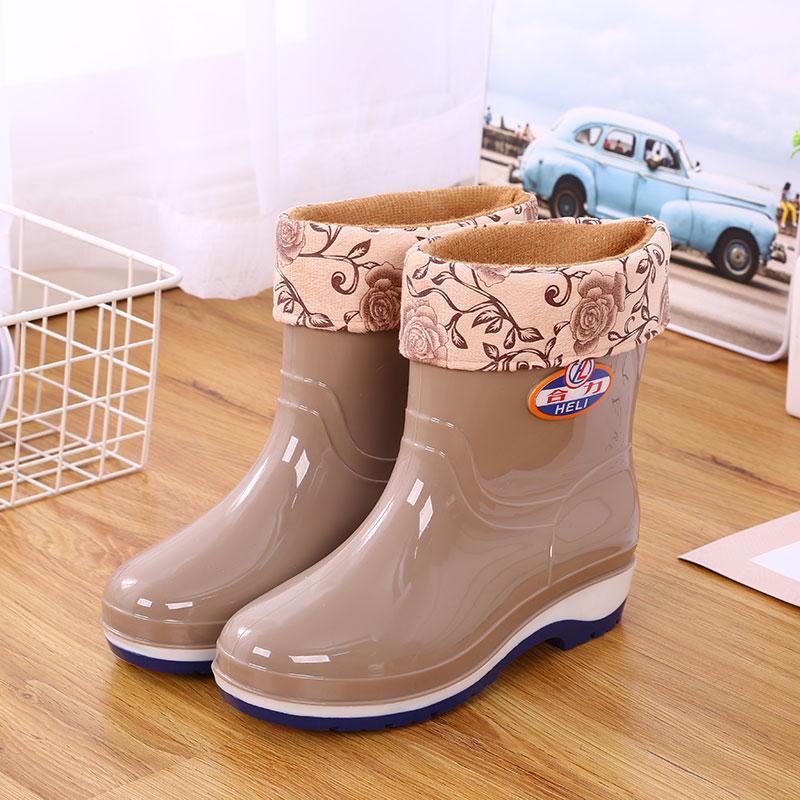 Short Rain Shoes Women's Non-slip and Wear-resistant Water Shoes Waterproof Glue Shoes Fleece Warm Water Boots Labor Protection Medium Tube Horse