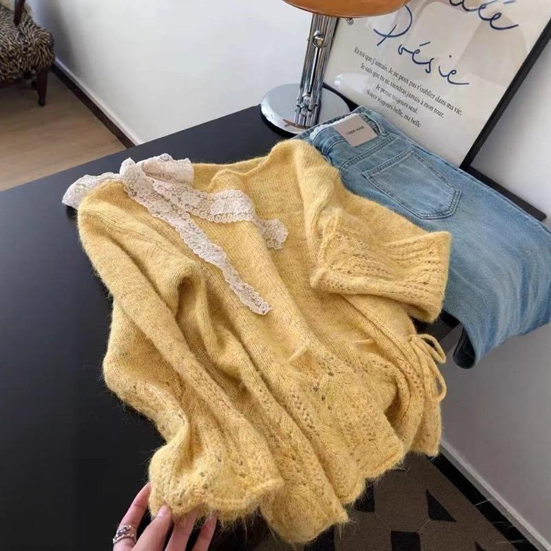 Lace bow strap pullover hollowed out long-sleeved sweater women's new design knitted sweater gentle top