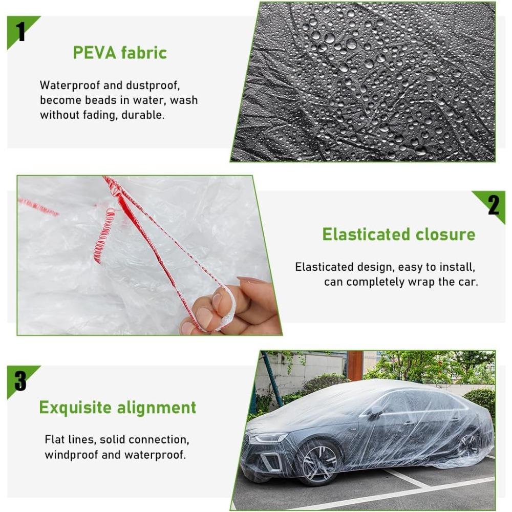 2 PCS Disposable Car Cover, 12.5×19.7 Ft Waterproof Clear Plastic Full Car Cover Protection, Universal Rain Dust Garage Cover with Elastic Band