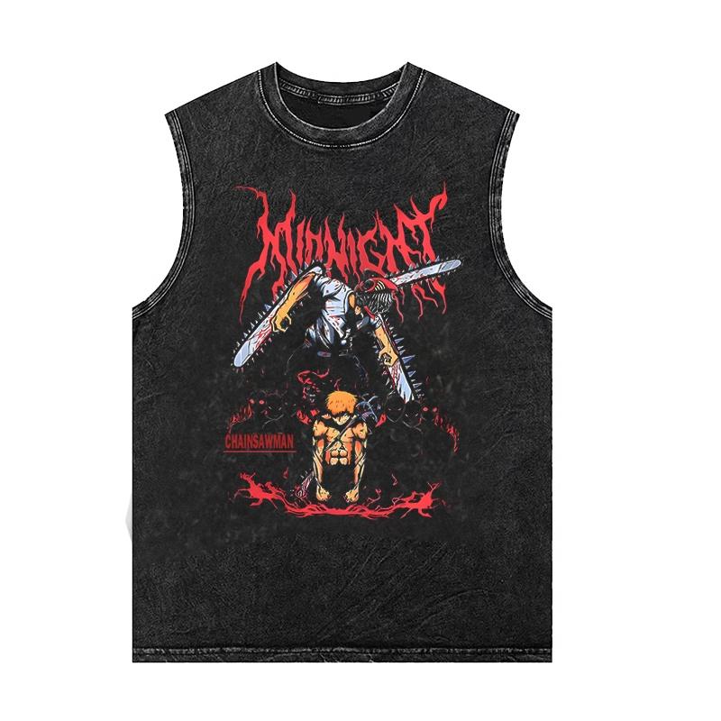 

Японское аниме «Человек-бензопила», футболка-майка с коротким рукавом для спортзала, винтажная стирка, состаренная, трендовая, мужская, женская, без рукавов 3XL