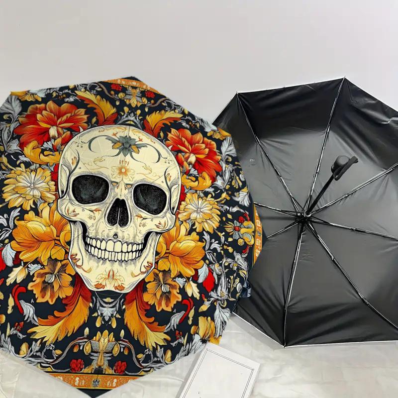 1PC Skull Flowers Umbrella-8-Rib Reinforced Portable Folding Travel Suitable for All Seasons Outdoor Daily Use Is an Ideal Choice  -K0353