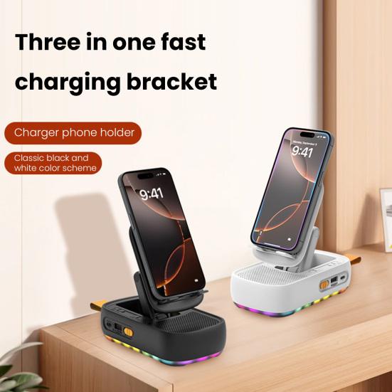 Bluetooth Uyumlu Hoparlörlü Cep Telefonu Standı LED Işıklı Katlanabilir Döndürülebilir Masa Standı TF Kartlı Kablosuz Hoparlör Samsung Tabletler İçin