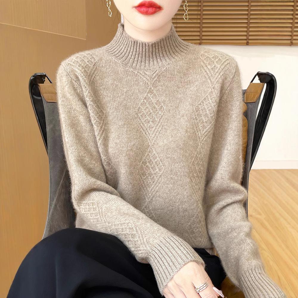 Ladies' Diamond Pattern High Neck Wool Knit Sweater - Thickened for Autumn/Winter