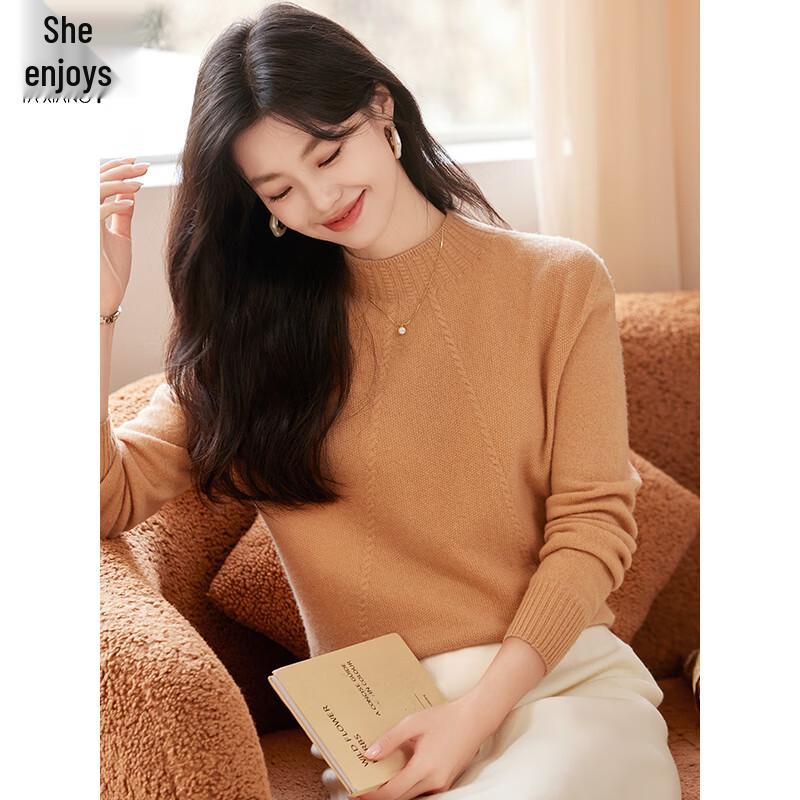 SheEnjoy Women's 100% Pure Wool Semi-High Collar Cable Knit Sweater