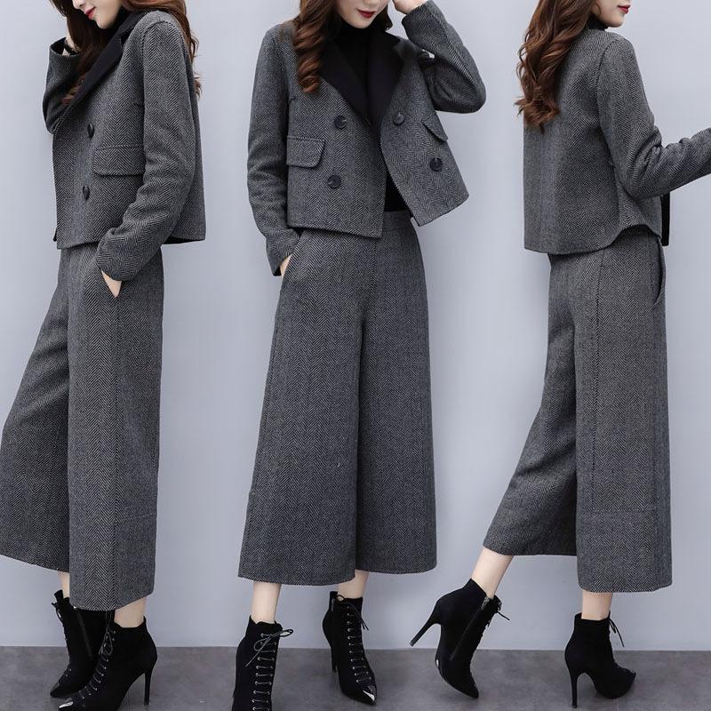 Women's Autumn and Winter Two-piece Pants Herringbone Woolen Coat Wide-leg Pants Casual Fashion Suit Women