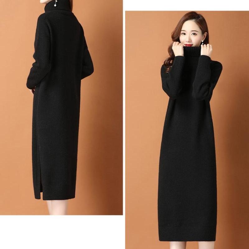 Turtleneck Sweater Dress for Women Solid Color Mid-length Knee-length Knitted Sweater Loose Long-sleeved Pullover Autumn and Winter