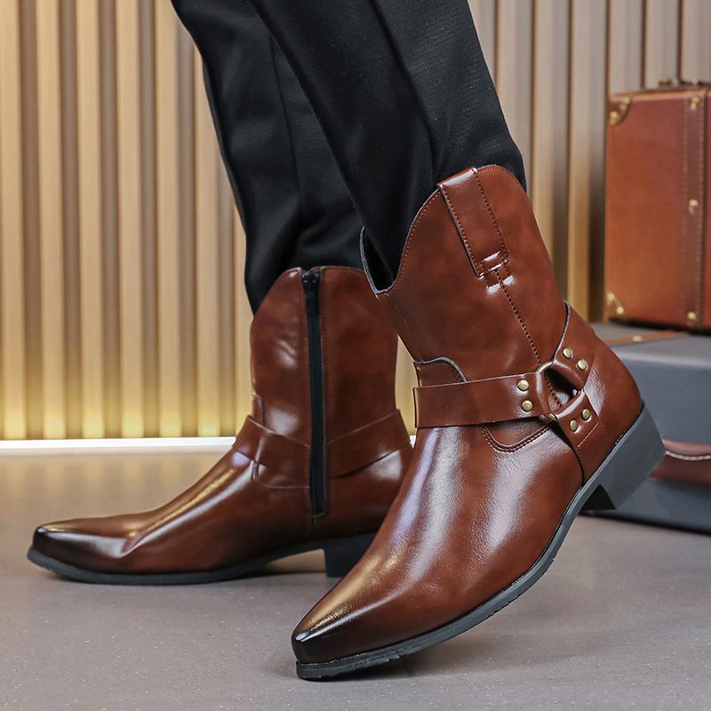 Fashion Men's Black Brown Pointed Punk Motorcycle Casual Ankle Boot Male Winter High Tops New Comfortable Chelsea Leather Shoes