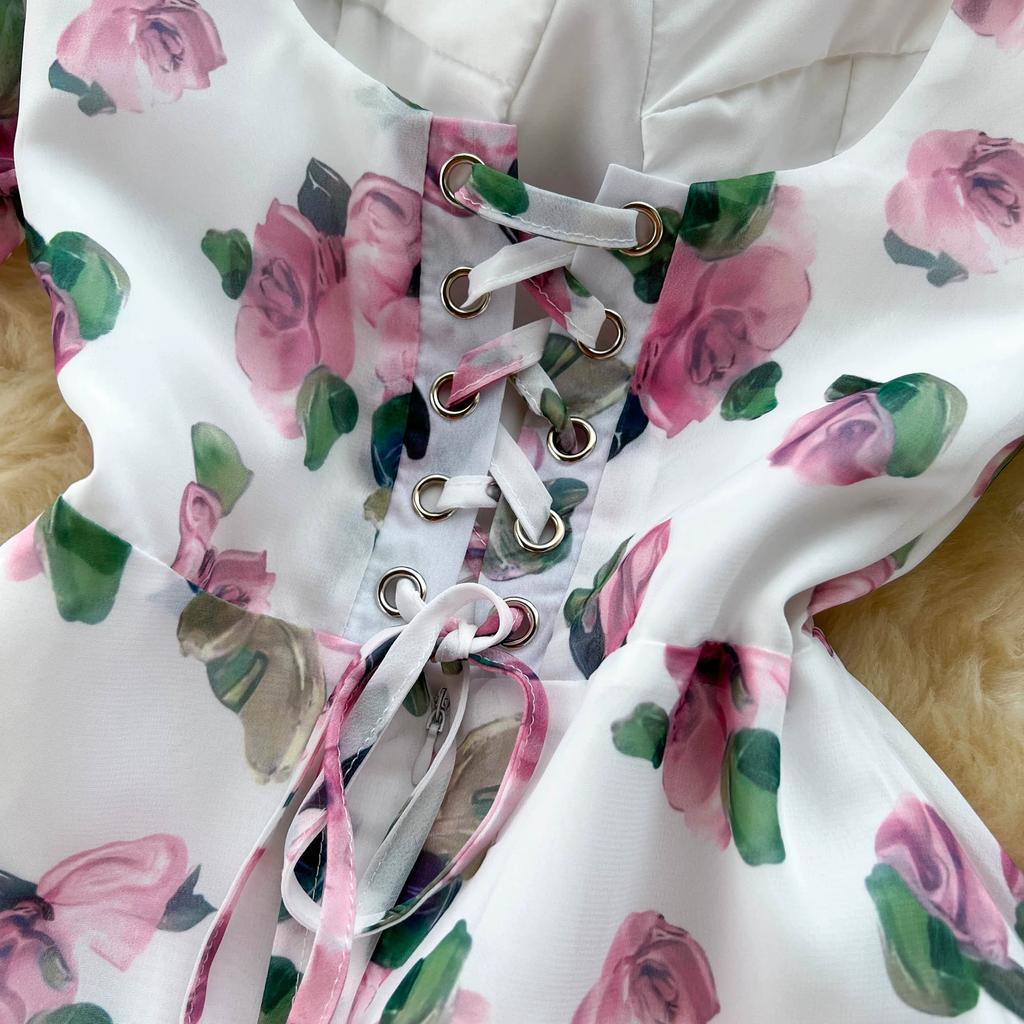 Beach Vacation Floral Print Dress Women Backless Lace Up Cross Ruched Fashion Party Long Dress Fashion Short Sexy Slim Clothes