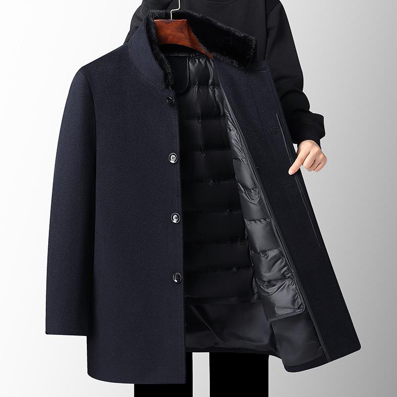 Cappotto di Lana da Uomo di Media Lunghezza con Collo di Pelliccia Ispessito e Fodera Rimovibile in Piumino, Cappotto di Lana Autunnale e Invernale per Persone di Mezza Età e Anziane