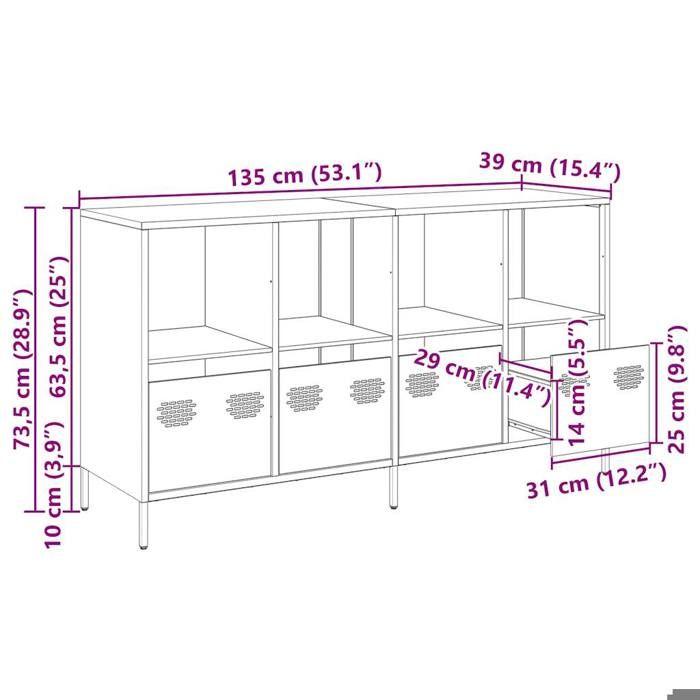 VidaXL Buffet jaune moutarde 135x39x73,5 cm acier laminé à froid, meuble de rangement, meuble de rangement de cuisine, 3307164