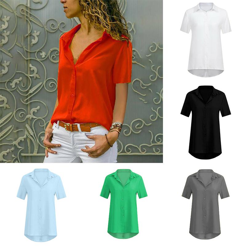 Women Solid Loose Tops Chiffon T-shirt Blouse Shirt Short Sleeve Summer Fashion V Neck Casual New Tees Ladies