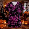 Women's Halloween Print Scrub Top with V-Neck and Pockets, Comfort Fit