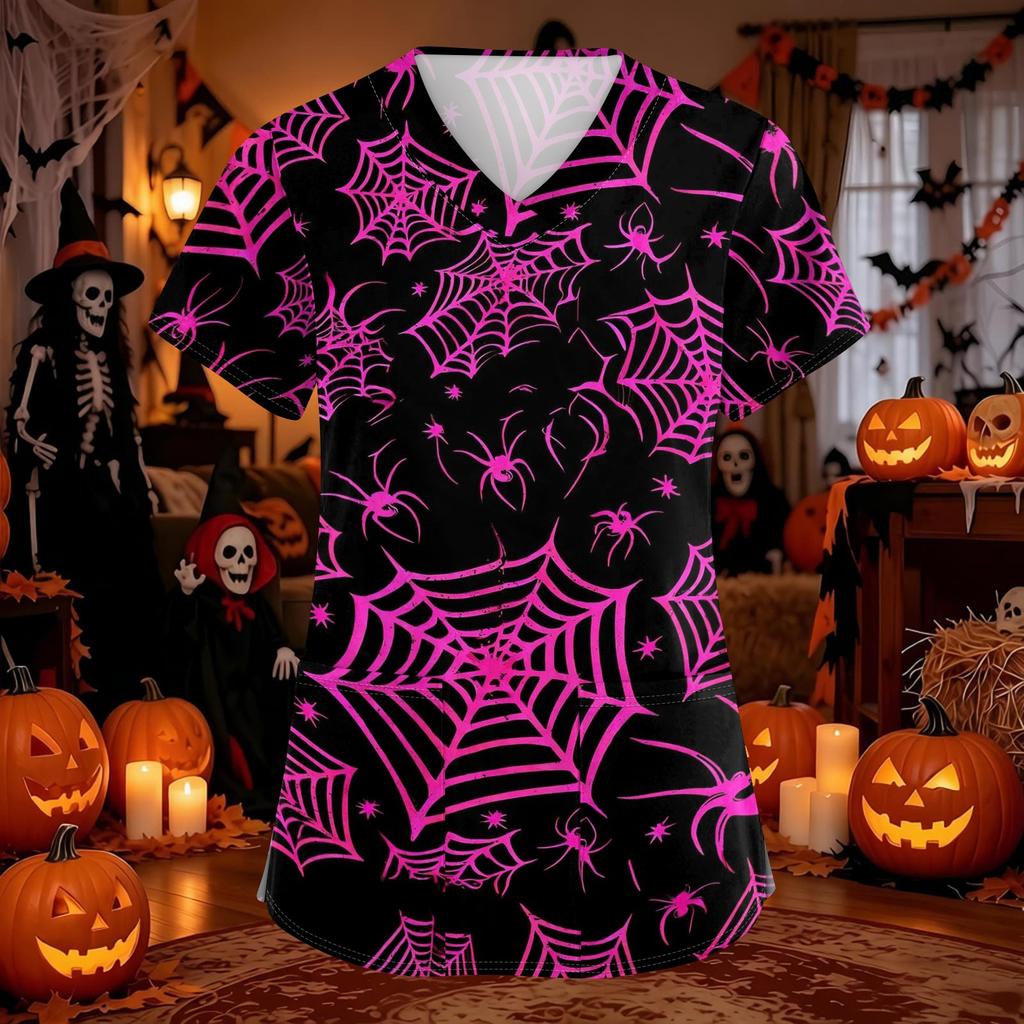 Women's Halloween Print Scrub Top with V-Neck and Pockets, Comfort Fit