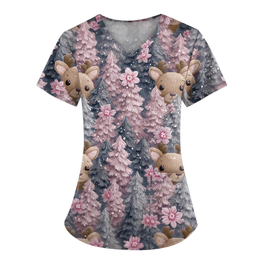 Damen-Bluse mit Weihnachtsdruck, kurzärmelig, V-Ausschnitt, Arbeitstasche