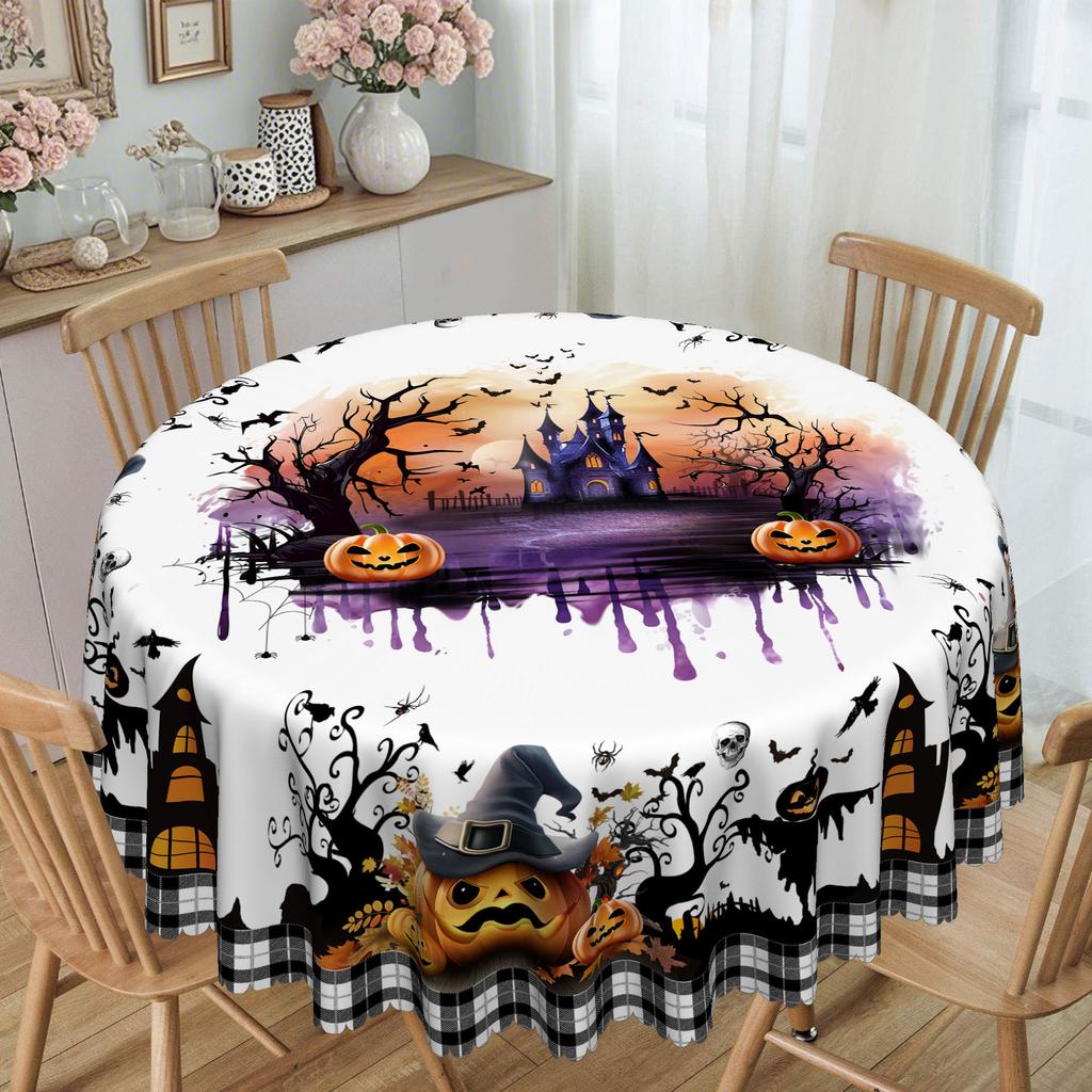 1 Halloween-Themed Scary Castle Print Plaid Pattern Round Tablecloth, Bat, Rectangular Tablecloth