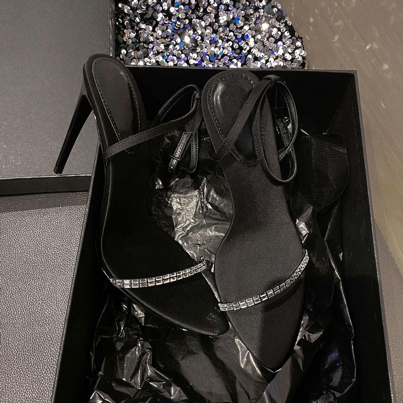 Fashion 2025 Summer New Line With Rhine-Diamond Sexy Sandals Women'S Pointed Open Toe Slim Heel Beautiful Black High Heels