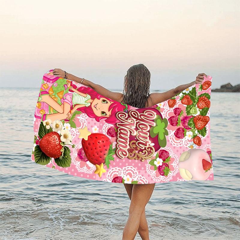 1pc Princess Strawberry Beach Towel with Custom Name, Beach and Seaside Swimming Pool Equipment, Fashion Pattern, Rectangular, Travel Essential