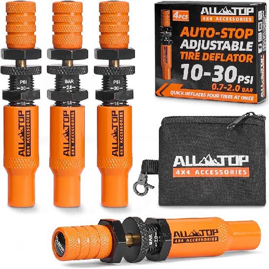 

Регулируемый набор клапанов для спускания шин ALL-TOP с автостопом (10-30 фунтов на квадратный дюйм) 4 шт. Инструмент для спуска воздуха из шин с навинчивающимися запасными колпачками клапанов для внедорожников 4x4 (2-е поколение) оранжевый