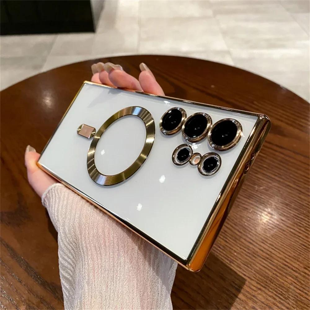 

Plating Magnetic for Magsafe Clear Phone Case For Samsung S25 S24 Ultra S23 FE S21 S22 Plus Bumper Lens Film Protection Cover Samsung S21FE золотий