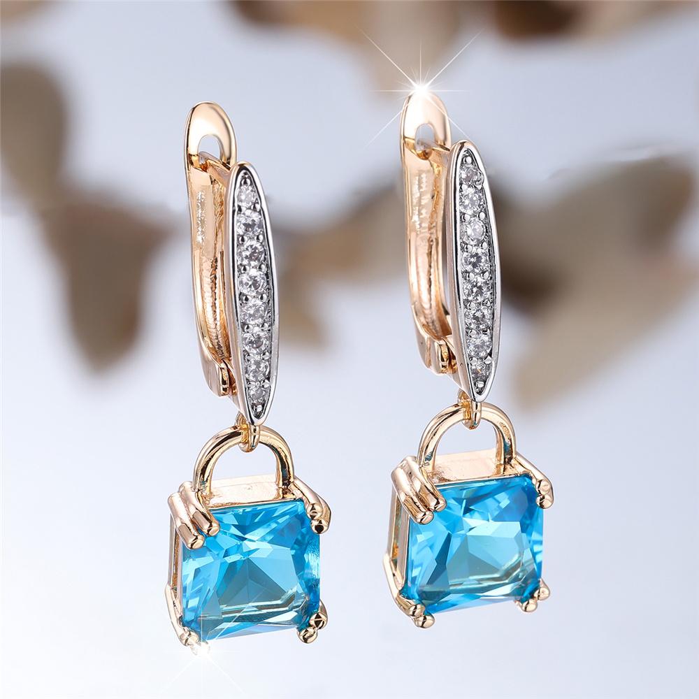 Charm Female Water Blue Crystal Zircon Stone Hoop Earrings Gold Color Simple Wedding Jewelry For Women