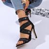 Fashion Sexy Lace Cross Strap Zip Sandals Women 2025 Summer Black Glitter Mesh Super High Heels Pumps Steel Tube Dance Shoes Women