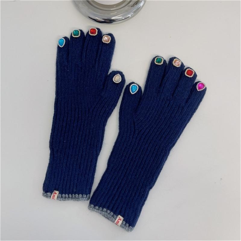 Gants en strass pour femmes, gants tricotés avec décors en strass sur le bout des doigts, gants chauds d'hiver pour doigts complets, mitaines de luxe