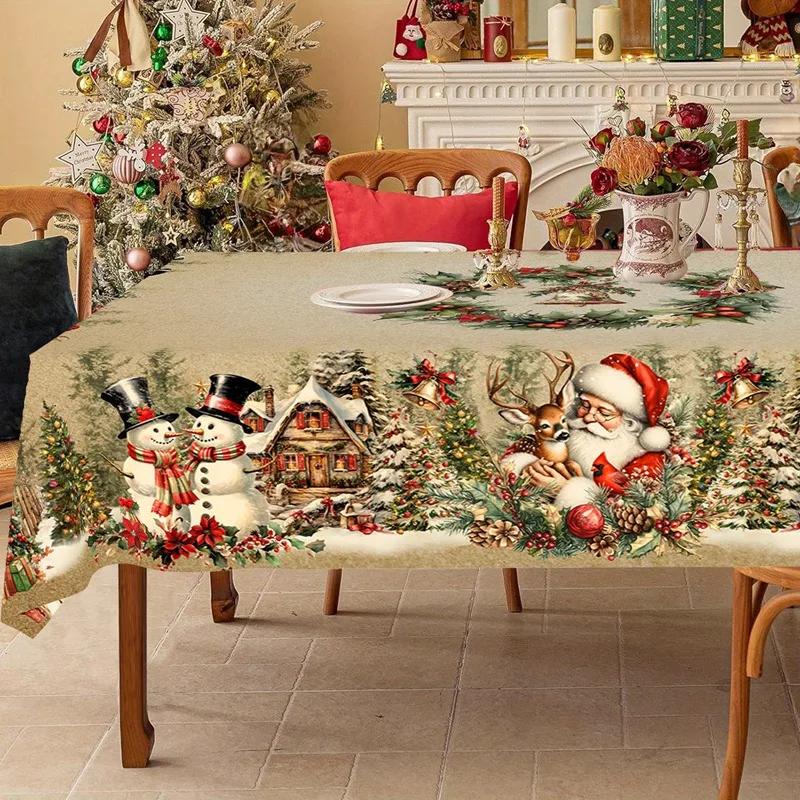 D5 Vintage Christmas Tablecloth Santa Snowman Table Cover Christmas Decorations for Home 2025 Xmas Navidad Noel New Year 2026