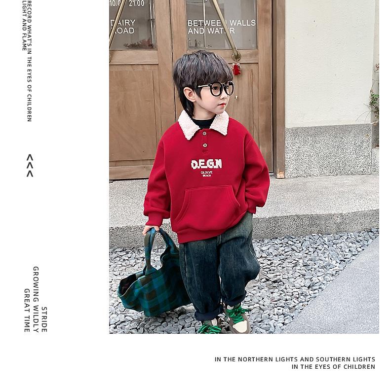 Fairy Tale Red Boys' Fleece Sweatshirt 2025 – Winter Thickened One-Piece Top for Children