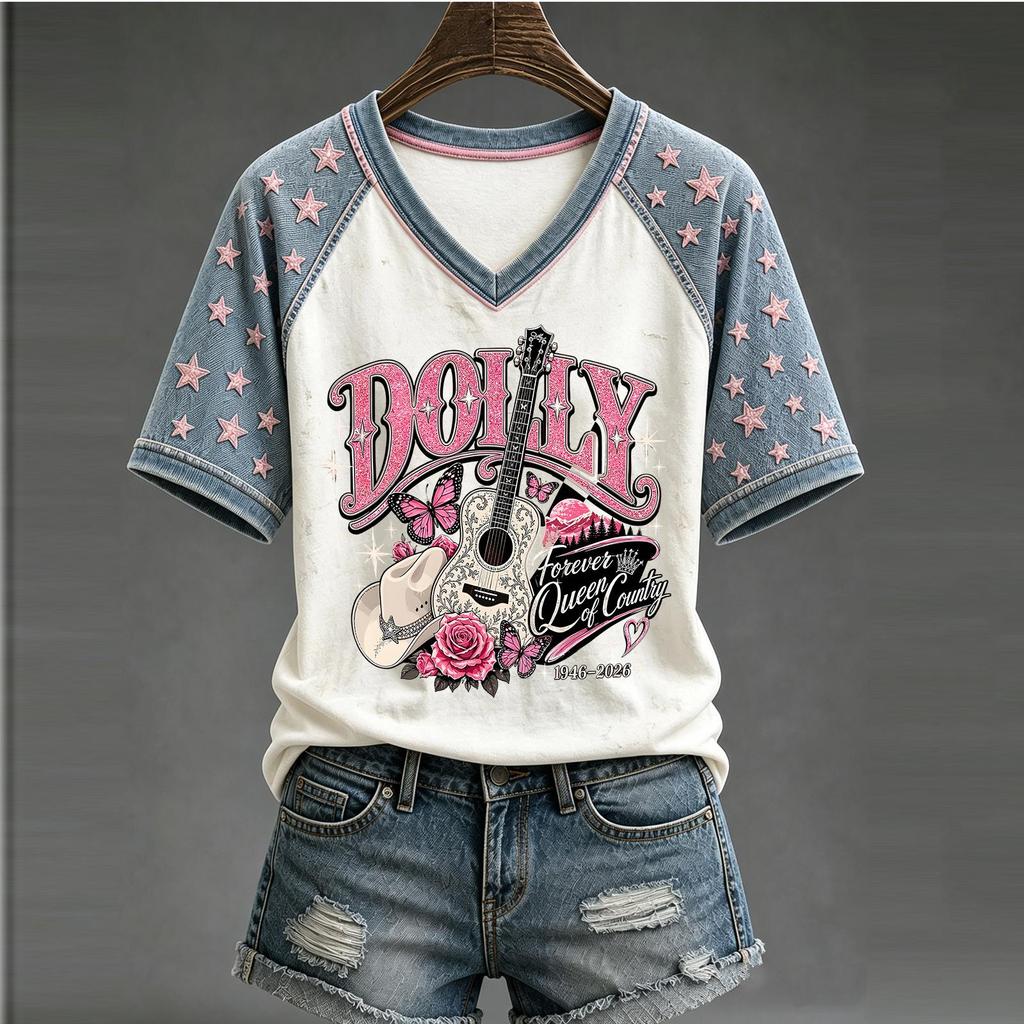Women's Casual V-Neck Letter Print Short Sleeve Top