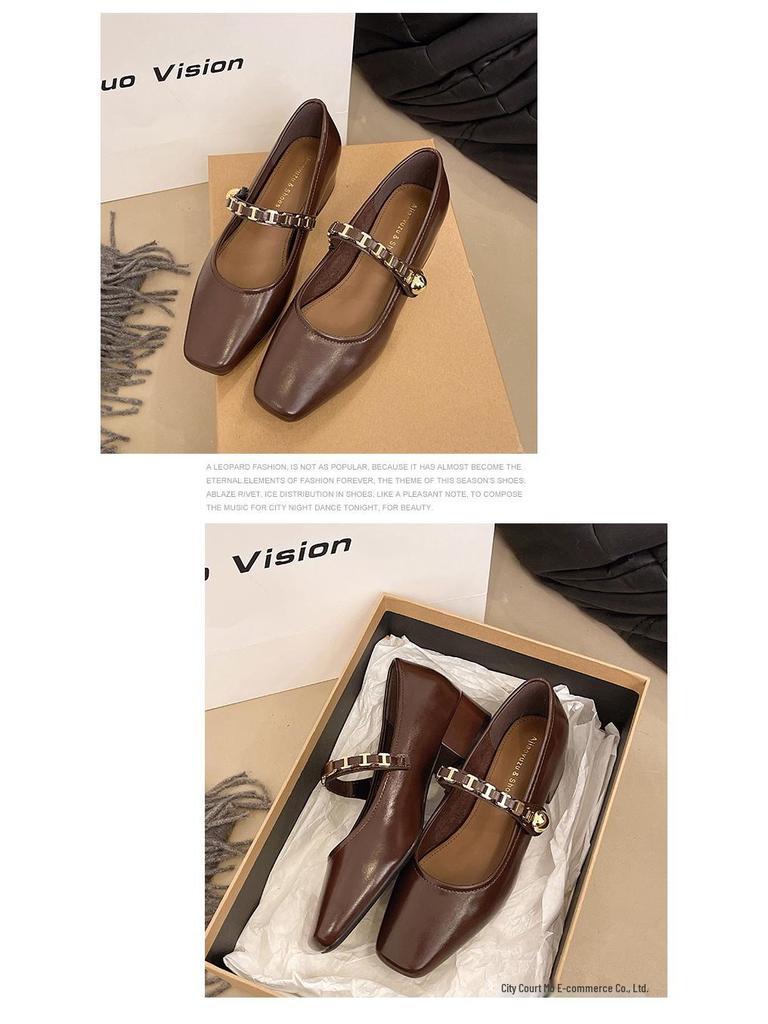 Women's French Retro Square-Toe Mary Janes - Spring Fashion Chain Chunky Heel Low-Cut Leather Shoes