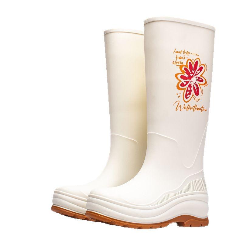 Women's rain shoes platform long tube non-slip waterproof high tube rain boots fleece wear-resistant rubber shoes kitchen outdoor work