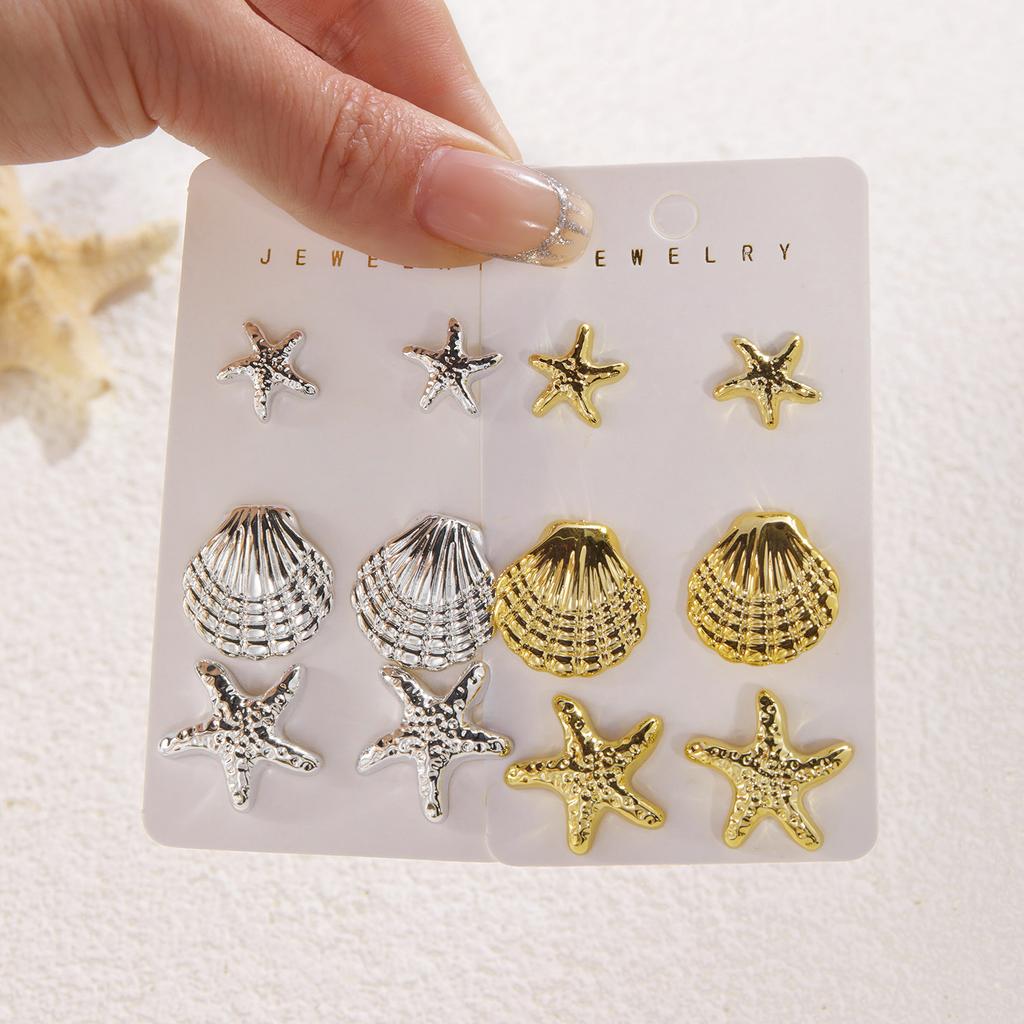 6pcs Gold Color Starfish Shell Stud Earrings Set for Women Ocean Series CCB Metal Textured Earring Boho Beach Party Jewelry