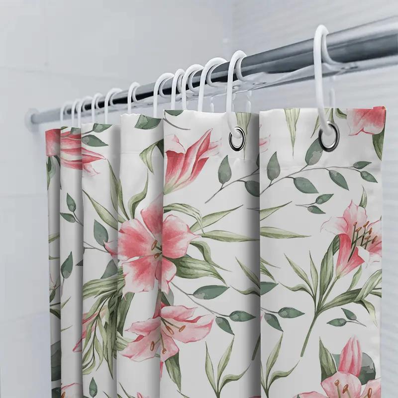 Watercolor Floral Shower Curtain Pink Green Flower Print Bath Decor Home Decoration