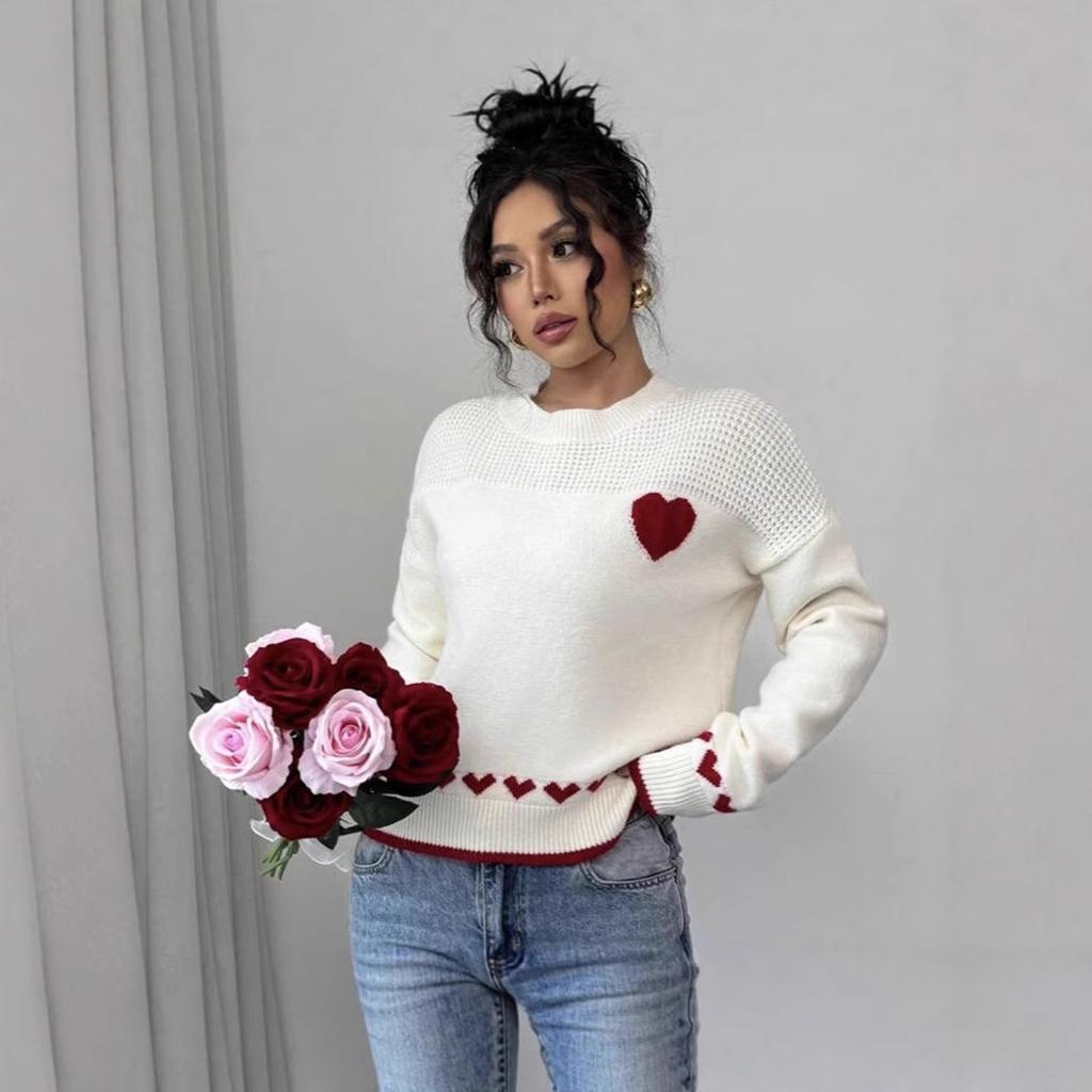 Suéter de punto para mujer con cuello redondo, manga larga, estampado de corazón, corte holgado, jersey casual